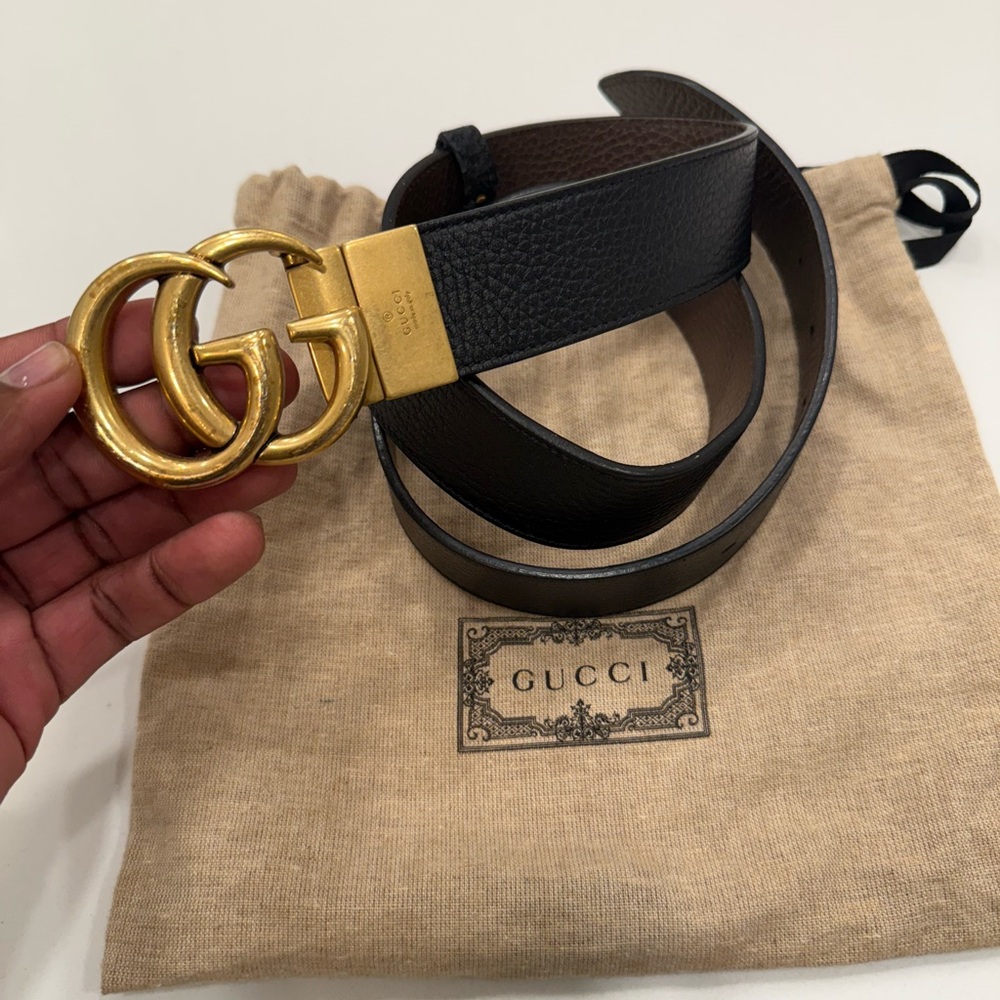 Gucci Black/Brown Reversible Leather Belt with Gold Buckle